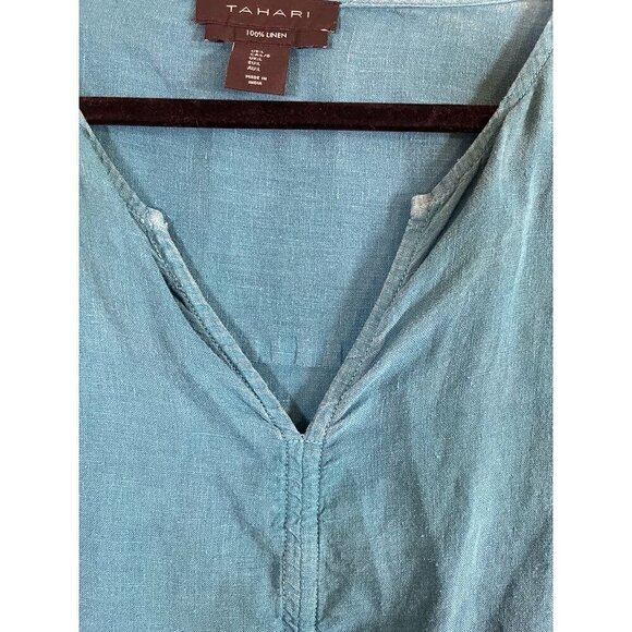 Tahari Coastal Linen Top L Blue Euro Summer Old Money Preppy Classic Relaxed 80s - Picture 4 of 11